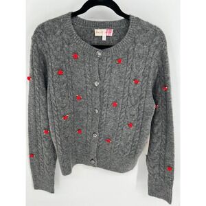 HAZEL MOON Cardigan Women M Gray Cable Knit Red Floral Applique NWT